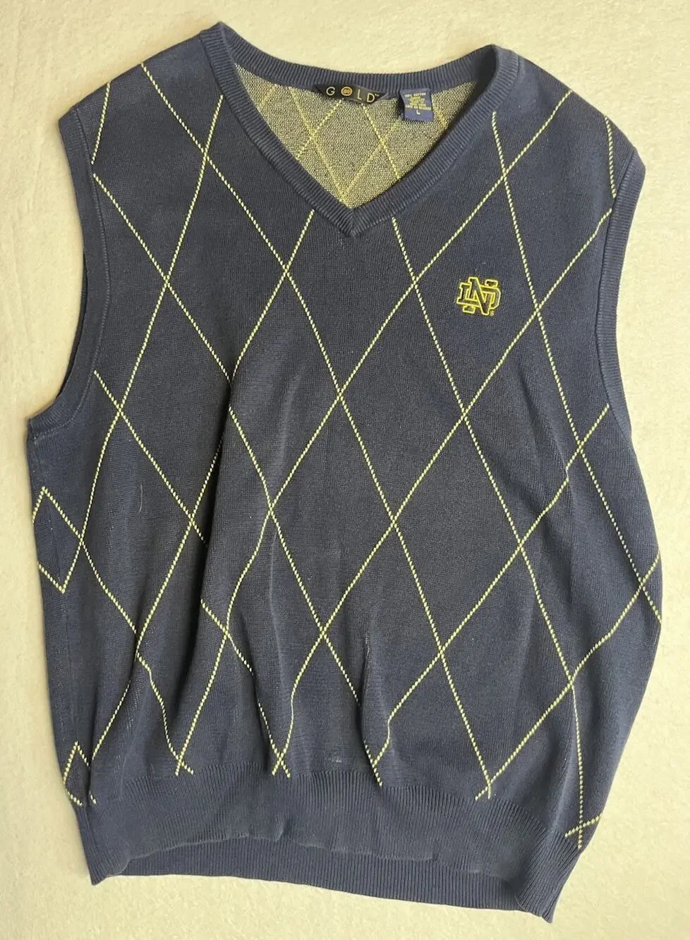 vintage Gold brand Notre Dame Fighting Irish navy blue argyle cotton v-neck L